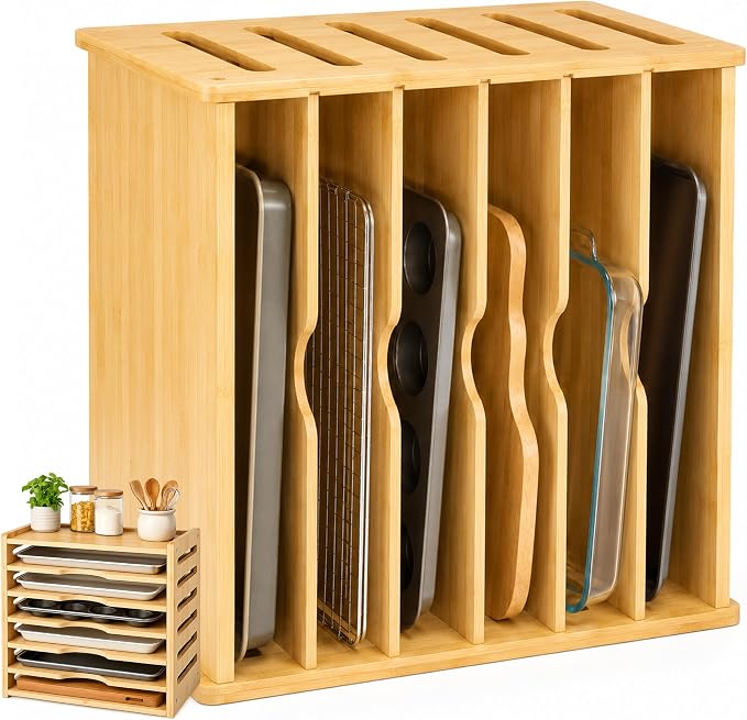 7 Tier Wooden Tray Dividers for Cabinets, Cookie Sheet Organizer | Sheet Pan Organizer for Cabinet, Baking Sheets, Cutting Boards and Pans, Space-Saving Kitchen Organization by Unknown