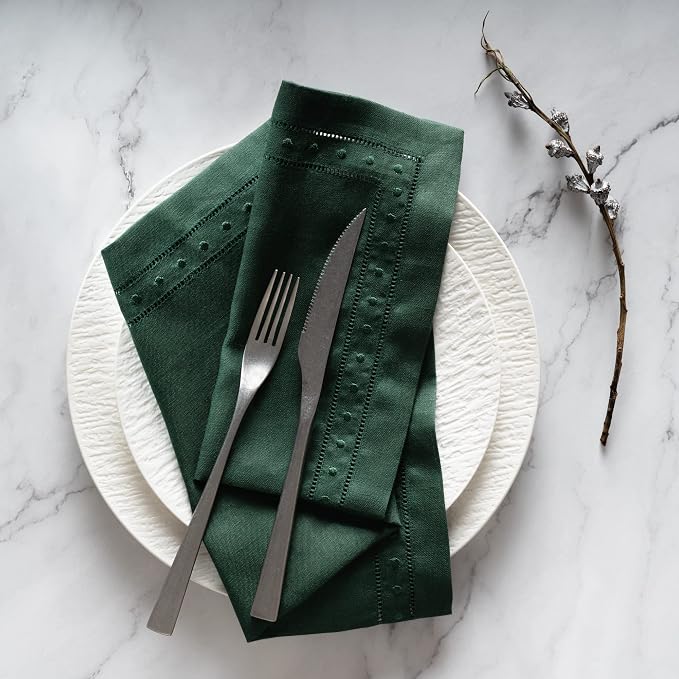 Linen Napkins Set of 4-100% Pure Linen Forest Green Embroidered Dinner Napkins 18 x 18 inch - Classic Hemstitch Cloth Napkins Washable for Winter and Christmas Decor - Image 4