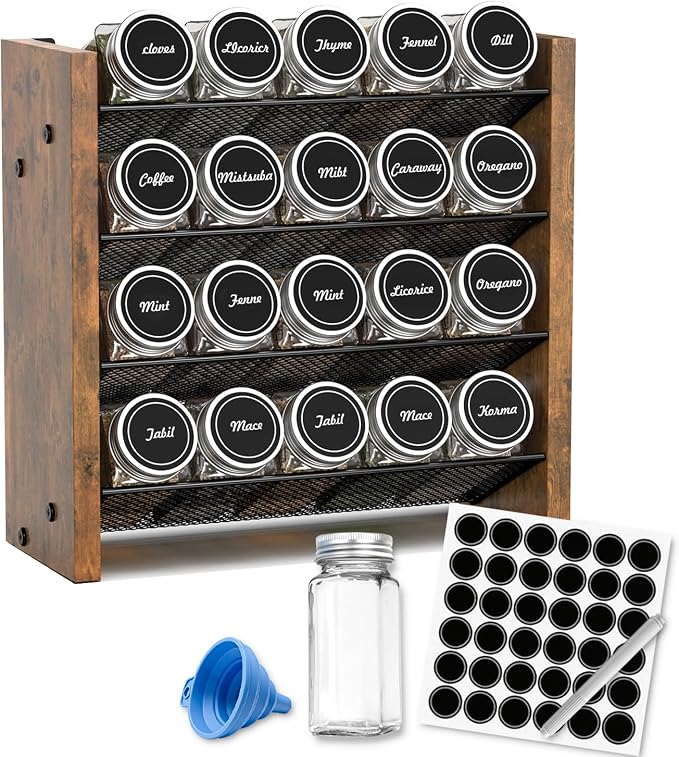 NESAPTO Spice Rack Organizer with 20 Glass Spice Jars, Wood 4-Tier Seasoning Organizer with Labels for Cabinet, Pantry, Countertop or Wall Mount, Chalk Marker and Funnel Set, 10.3" W × 9.4" H by NESAPTO