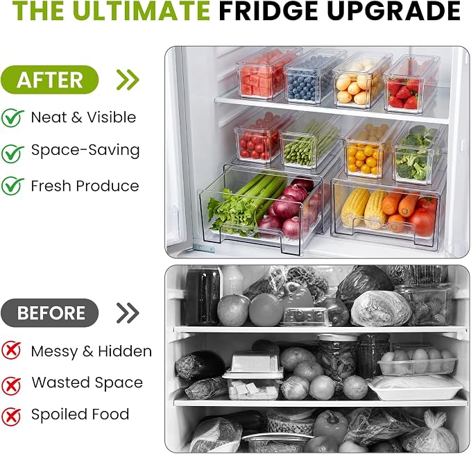 6Pack Fridge Organizers and Storage with Drain Trays,BPA-Free PET,Stackable | 2 Pull-Out Organizers & 4 Containers with Drain Trays For Fruit, Vegetable, Drink, Snack Food Storage - Image 7
