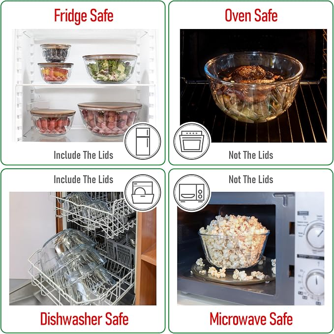 Large Stackable Set of 5 Nesting Glass Bowls with Acacia Lids for Foodprep, Storage, Baking, Sourdough Mixing & Cooking. Microwave & Oven Safe Heat Resistant Inert Borosilicate Glass - Image 6