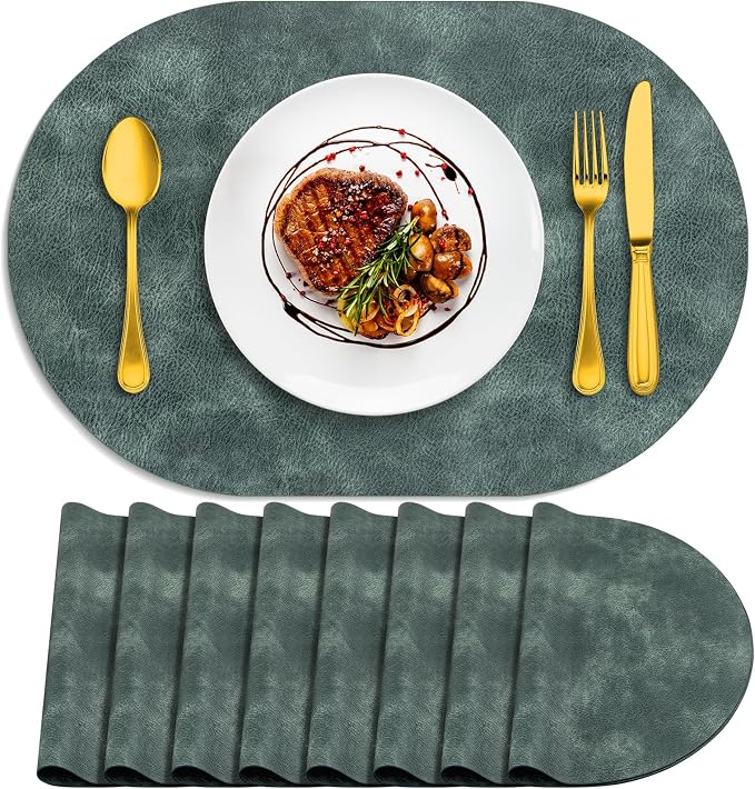 ADRIMER Placemats, Heat Resistant Oval Placemats Set of 8 Washable 12 x 17 Inch, Waterproof Table Mats, Wipeable Pu Place Mats for Kitchen, Dining Room, Blue & Green by Adrimersdreamistobeanindispensablecompanioninyourlife