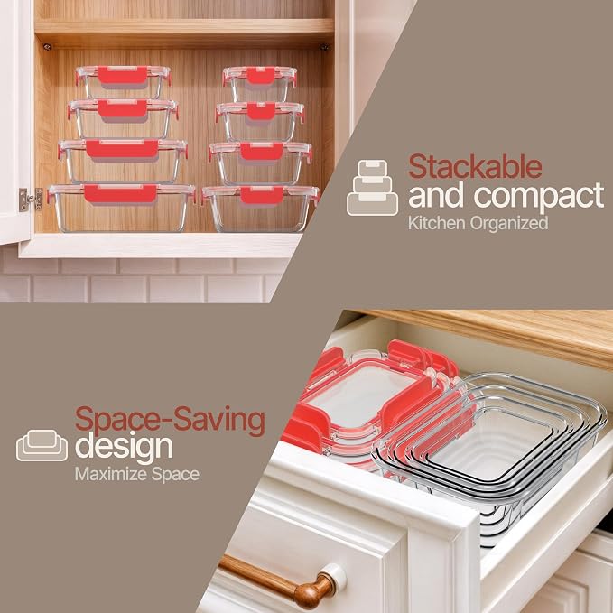 Bakken Borosilicate Glass Food Storage Containers with Lids 16 Pieces, BPA-Free Stackable Lunch & Leftover Containers, Microwave, Freezer & Dishwasher Safe, 100% Airtight Leak-Proof, Red - Image 9