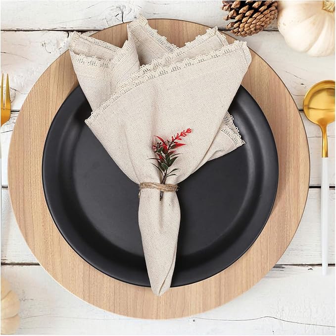 Bedding Craft Cloth Dinner Napkins Linen Flax Cotton 18x18 Set of 12 – Natural with Lace & Mitered Corners – Machine Washable Reusable Fabric Napkins for Weddings, Parties & Table Decorations - Image 8