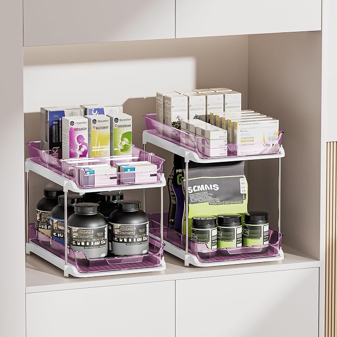 Delamu 2-Tier Multi-Purpose Bathroom Under Sink Organizers and Storage, Stackable Kitchen Pantry Organization, Pull Out Medicine Cabinet Organizer with Movable Dividers, Purple, 2 Pack - Image 6