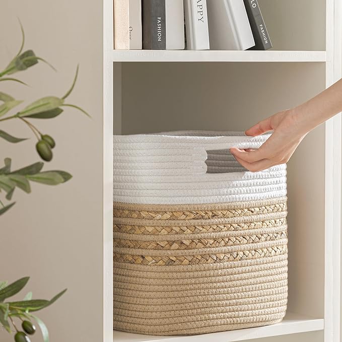 UBBCARE Set of 4 Storage Cubes 11 X 10.5 X 10.5 in, Water Hyacinth Storage Bins for Shelves, Book, Storage Baskets with Handles, Cotton Rope Woven Baskets for Organizing, Brown - Image 6