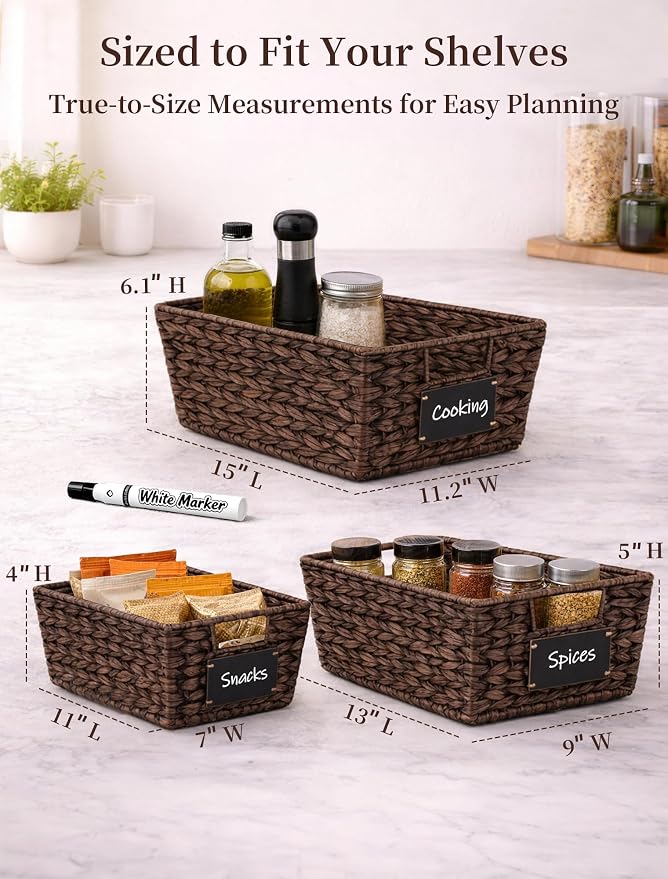 Pantry Baskets, 3 Pack Wicker Storage Baskets for Shelves, Brown | Water Hyacinth Baskets for Organizing, 3-Size Pantry Bins with Chalkboard and Marker for Shelf, Snack, Kitchen, Bathroom - Image 3