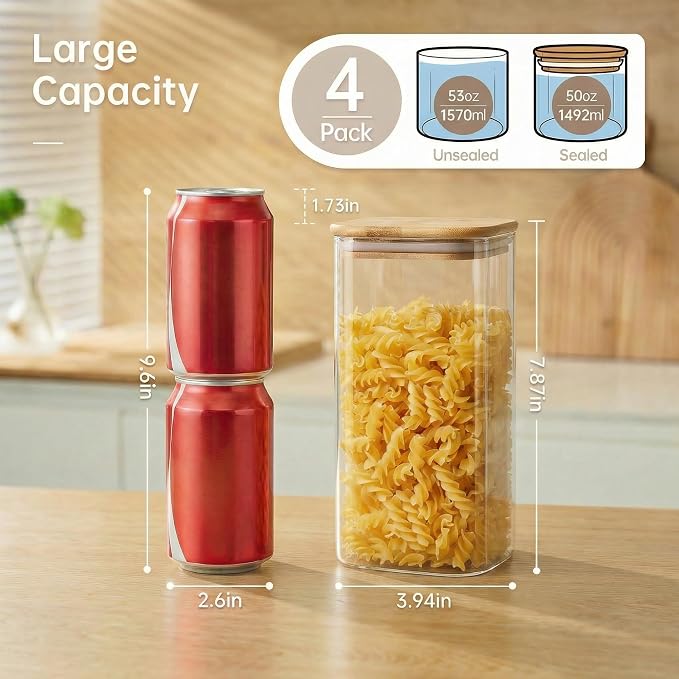 HomArtist Square Glass Jars with Bamboo Lids 53 FL OZ [Set of 4], Glass Canisters with Airtight Lid, Glass Food Storage Containers for Pasta, Cereal, Coffee, Flour, Sugar, Best for Kitchen & Pantry - Image 3