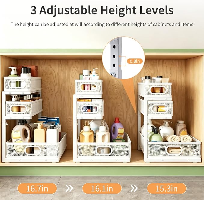 3 Tier Mesh Pull Out Organizer White 2 Pack Sliding Rack | White mesh dual pack organizers for clean modern cabinet storage in bathroom and kitchen daily use organization - Image 7