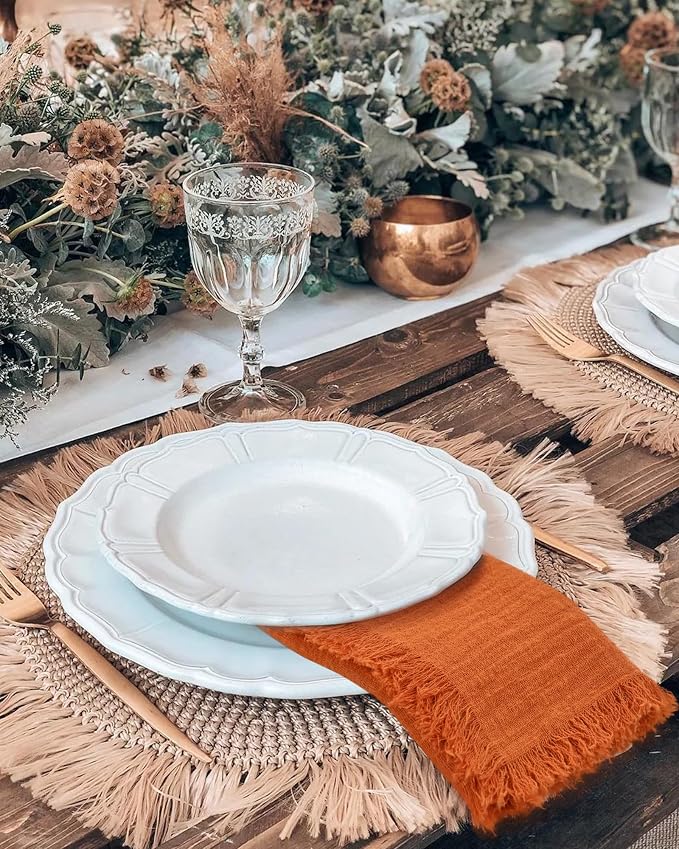 Orange Cotton Linen Napkins - 36 Pack, 16 x 16 Inch, Handmade With Fringe - Image 5