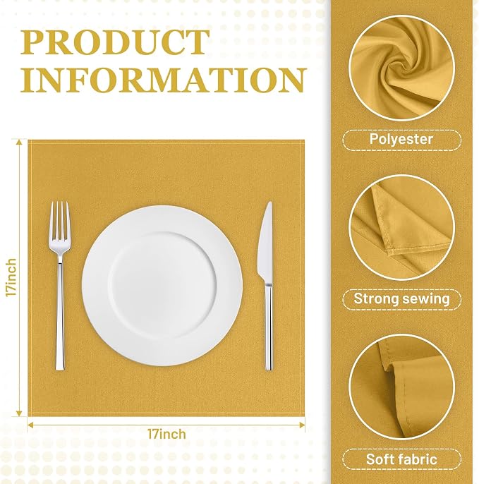 SuperO Set of 40 Cloth Napkins 17 x 17 Inch, Polyester Solid Washable Dinner Napkins with Hemmed Edges,Great for Restaurant, Wedding and Party(Gold) - Image 3