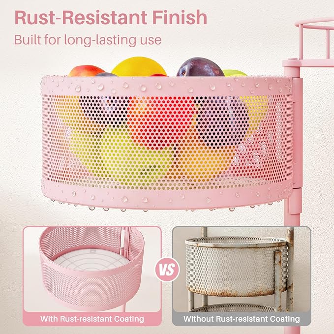 SNTD Fruit and Vegetable Basket Bowls for Kitchen with Metal Top Lid, 5 Tier Rotating Storage Rack Cart for Potato Onion Bread Banana, Wire Basket Organizer on Wheels, Large, Pink - Image 5