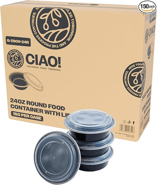 CIAO! 24oz Heavy Weight Injection Molded Microwavable Black Round Food Container with Lid (150/case) by Ciao