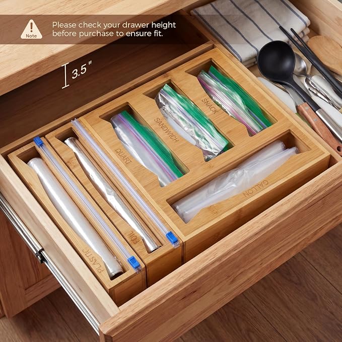 6-in-1 Bamboo Kitchen Drawer Organizer for Storage Bag, Foil & Plastic Wrap - Image 4