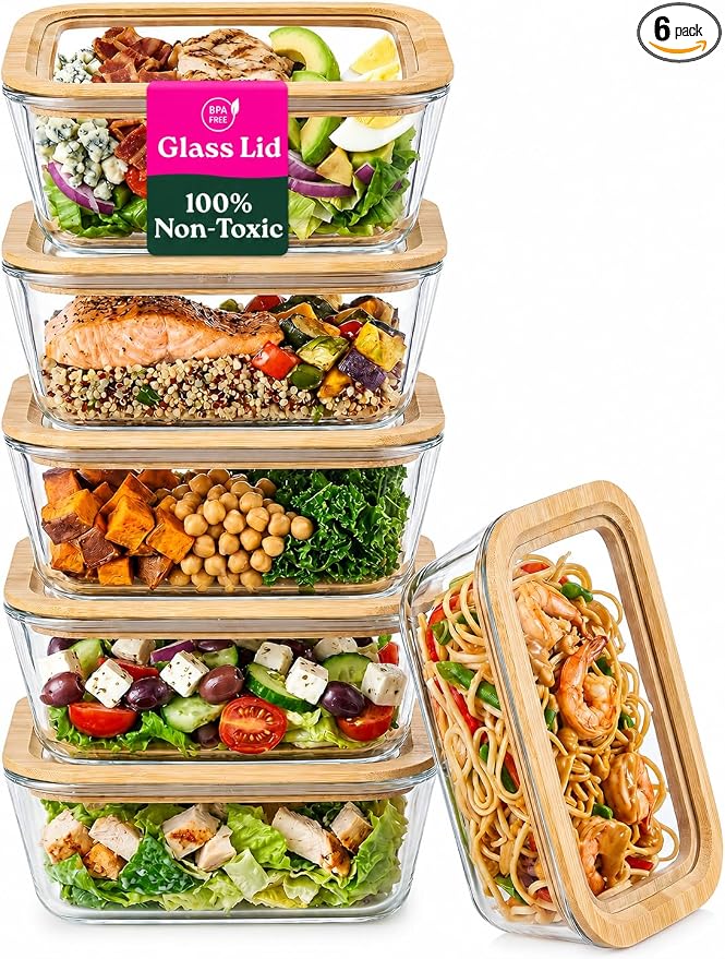6-Pack Glass Food Storage Containers with Glass Lids & Bamboo Rim – Plastic Free 27 Oz Glass Meal Prep Containers for Lunch, Eco Friendly Airtight Food Storage, Microwave & Oven Safe by Unknown