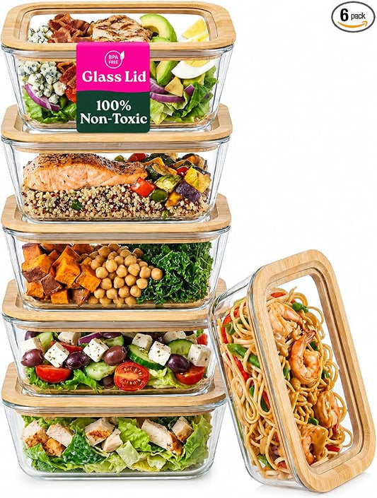 6-Pack Glass Food Storage Containers with Glass Lids & Bamboo Rim – Plastic Free 27 Oz Glass Meal Prep Containers for Lunch, Eco Friendly Airtight Food Storage, Microwave & Oven Safe by Unknown