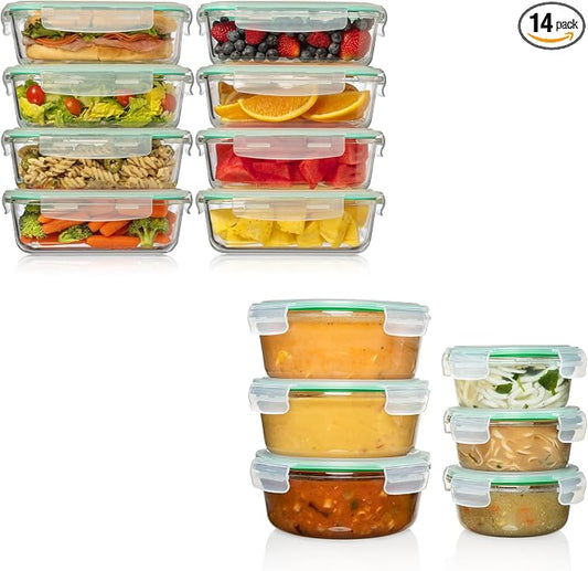 Premium Glass Food Storage Container Combo. Same Size Rectangle & 2 Round Storage Containers (14 containers) by FusionGourmet