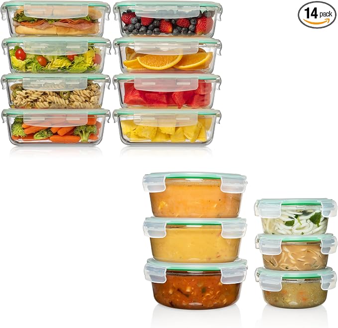 Premium Glass Food Storage Container Combo. Same Size Rectangle & 2 Round Storage Containers (14 containers) by FusionGourmet