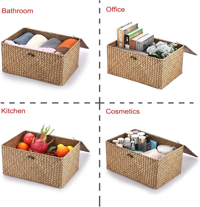 Hipiwe Wicker Shelf Baskets Bin with Lid Woven Storage Box, Coffee X-Large | Handmade Seagrass Basket Storage Bins Rectangular Household Basket Boxes for Shelf Wardrobe Home Organizer - Image 7