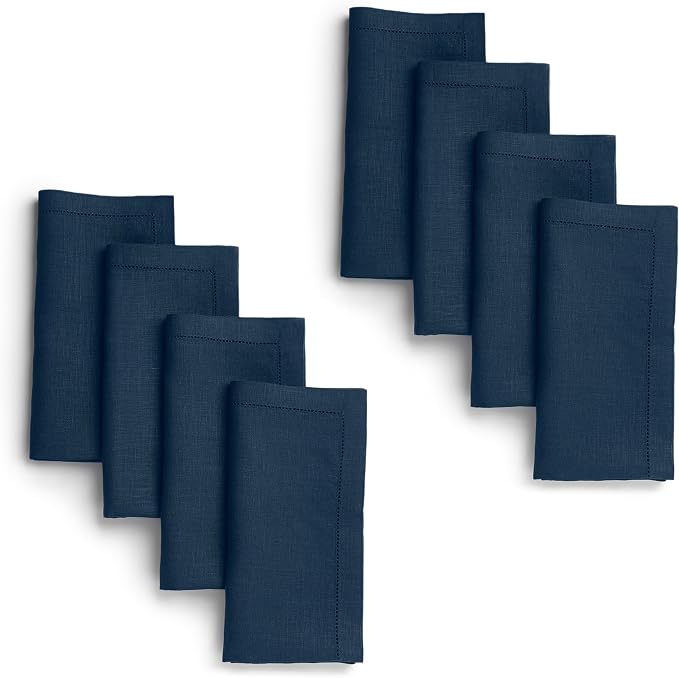 Signature Linen™ by D'Moksha Navy Blue Dinner Napkins Set of 8, 20 x 20 Inch Cloth Napkins, 100% Pure Linen, Hemstitch, Machine Washable Table Napkins- Summer, Weddings, Outdoor hostings by DMokshaHomes