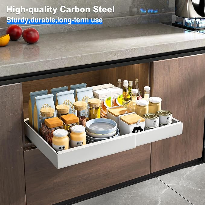 Mustorn 2 Pack Pull Out Cabinet Organizer, Expandable Slide Out Drawers for Kitchen Cabinets Peel and Stick Pullout Drawer Heavy Duty Sliding Shelves for Cupboard, Pantry, Bathroom(16.5" Deep, White) - Image 7