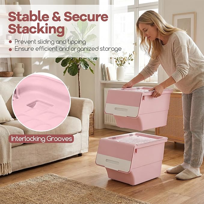 GIANTEX 3 Pack Plastic Stackable Storage Bins with Lids & Wheels, 12.5 QT | Open Front Stacking Bins, Organizer Bins for Pantry, Kitchen, Laundry, Closet, Playroom, Bedroom Organization - Image 5