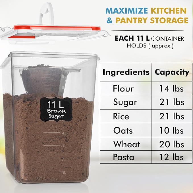Shazo 2 PC (11L | 372 oz) Flour Sugar Storage Containers with Easy Carry Handle - Plastic Extra Large Food Storage Containers with Lids for Rice Cereal, BPA Free & Airtight Kitchen Pantry Organization - Image 5