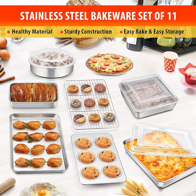 TeamFar Stainless Steel Bakeware Set of 8 | Baking Sheet and Rack, Lasagna Pan with Lid, Square & Round Cake Pan with Lid, Muffin Pan & Loaf Pan, Pizza Pan, Healthy - Image 3