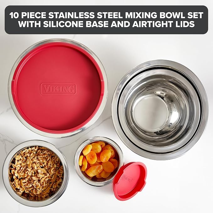Viking Mixing Bowls Set, 10 Piece Stainless Steel Kitchen Cookware, Non-Slip Silicone Base, Includes Tight Fit Lids, Dishwasher Safe, Red - Image 2