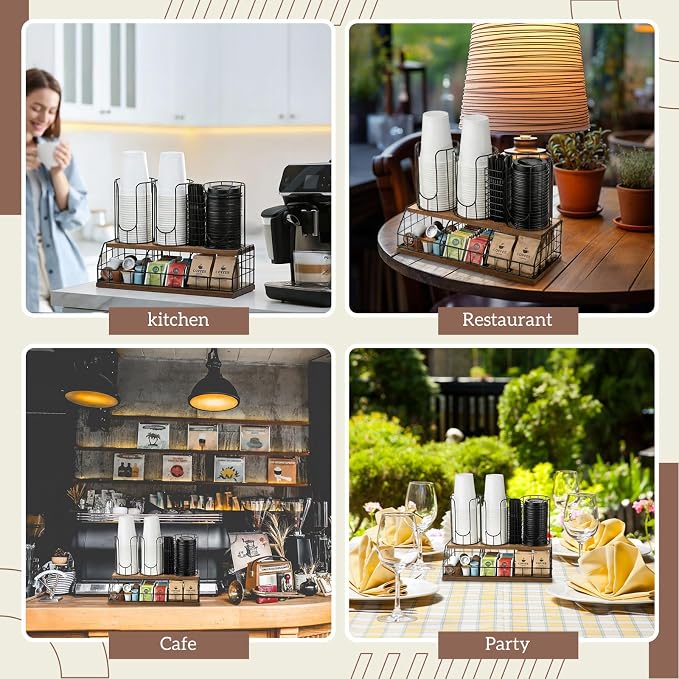 18oz Adjustable Coffee Cup Dispenser with Wooden Base, Cup and Lid Holder, Cups Holder Organizer for Coffee Pod Straw and Lid Storage(4-compartment Double,Color 1) - Image 5