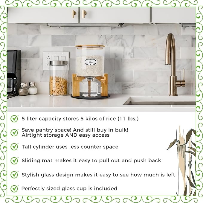 Glass Rice Dispenser 10 lbs, with Airtight Lid & Labels & Slider mat. Make your glass rice container Glass AND Bamboo rice container! Best 5L capacity grain dispenser and rice holder - Image 4
