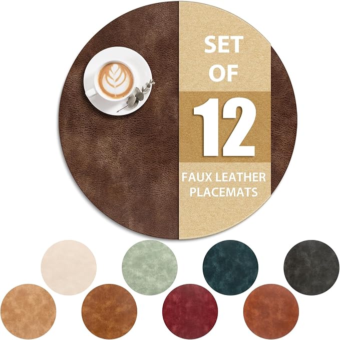ADRIMER Placemats, Heat Resistant Round Placemats Set of 12 Washable, Waterproof Table Mats, Wipeable Faux Leather Place Mats for Kitchen, Dining Room, Brown by Adrimersdreamistobeanindispensablecompanioninyourlife