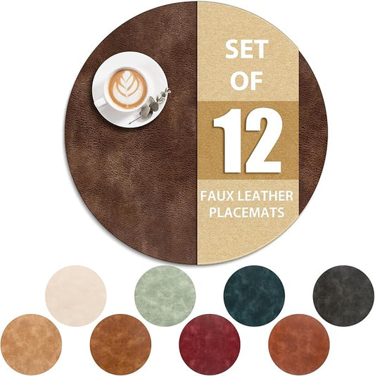 ADRIMER Placemats, Heat Resistant Round Placemats Set of 12 Washable, Waterproof Table Mats, Wipeable Faux Leather Place Mats for Kitchen, Dining Room, Brown by Adrimersdreamistobeanindispensablecompanioninyourlife