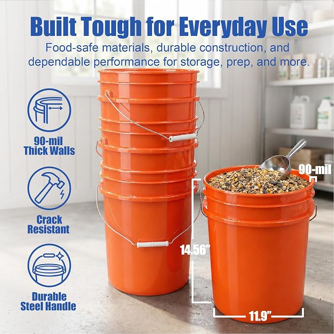 5 Gallon Bucket - Food Grade Bucket with Airtight Gasketed Tear Strip Lid, BPA-Free, Heavy-Duty 90 Mil HDPE Plastic Pail, Bulk Storage, Durable Container, Made in USA - Orange, 6 Packs | Airtight Gasketed Tear Strip Lid, Heavy-Duty 90 Mil HDPE Plastic ... - Image 4