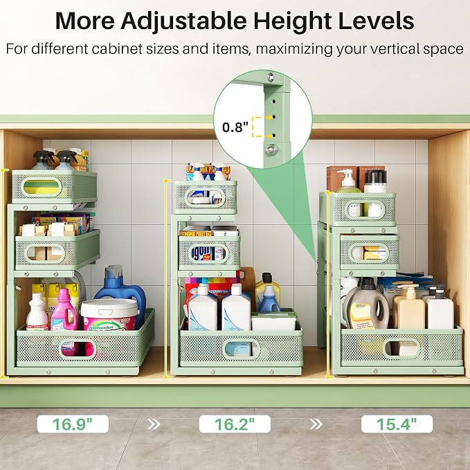 Kitstorack Under Sink Organizer, 2-Pack 3-Tier Height Adjustable Thickened Metal Pull out Cabinet Organizer Shelf, Slide out Storage Drawer Rack for Bathroom Kitchen Pantry Home Organization, Green - Image 8