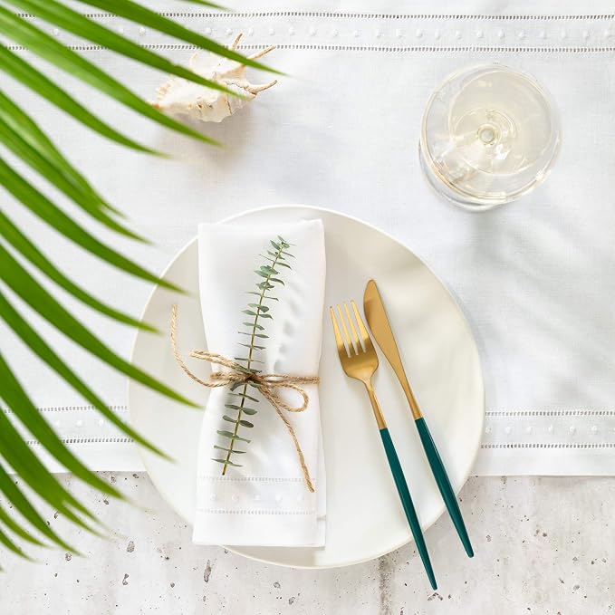 Linen Napkins Set of 4-100% Flax Linen White Dinner Napkins with Embroidered Dot 18 x 18 inch - Hemstitch Cloth Napkins Washable for Summer and Wedding Decor - Image 3