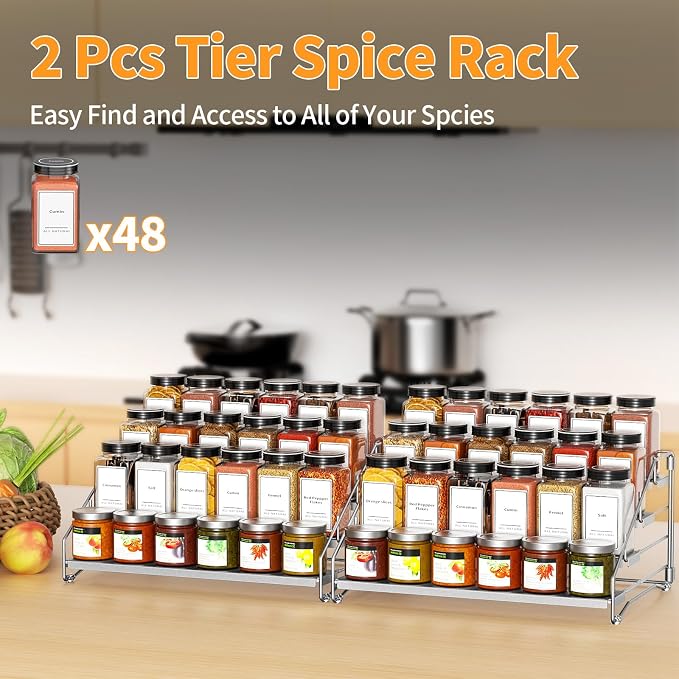 BOIVSHI Spice Rack for Cabinet, 4 Tier Spice Rack, Space-saving, Gray | Metal Spice Shelf Depth Adjustable, 2 Pack Spice Organizer for Cabinet, Countertop, Pantry, Tool-free and Screw-free Assembly - Image 5