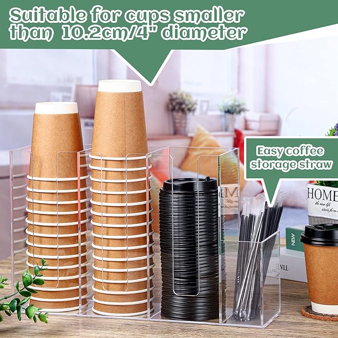 4 Compartments Acrylic Coffee Cup and Lid Storage Organizer Holder Disposable Paper Cup Dispenser Organizer Plastic Lid Holder Accessories for Kitchen Bar Shop Party Supplies(Transparent) - Image 4