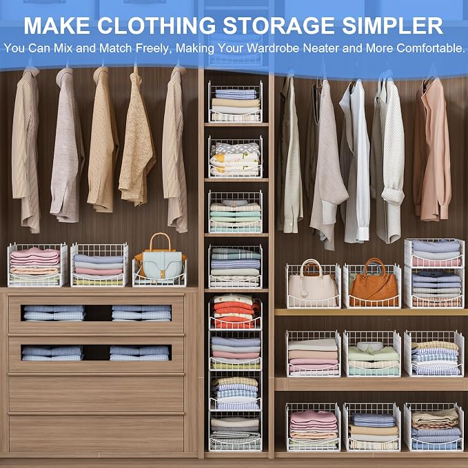 Hongtamoya 4-Tier Stackable Closet Organizers and Storage Shelves, Foldable & Mutifunctional Clothes Storage Basket Sweater Organizer Bins Container for Wardrobe Kitchen Office Bathroom, White - Image 3