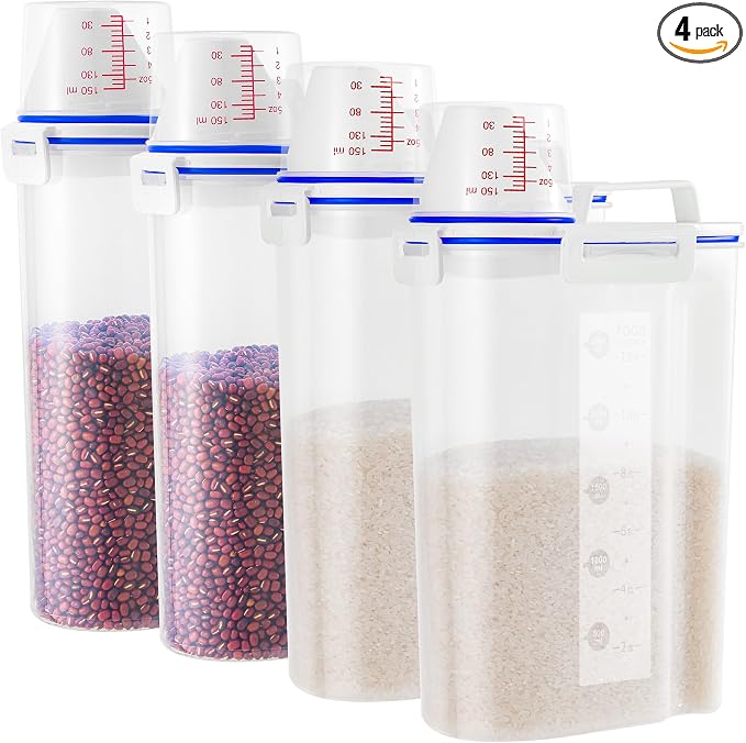 4 Pcs Set Rice Storage Container 5.5lb, Rice Dispenser with Measuring Cup & Pour Spout for Flour Pasta Grain Pet Dog Cat Bird Food Storage Container by HNNJCK