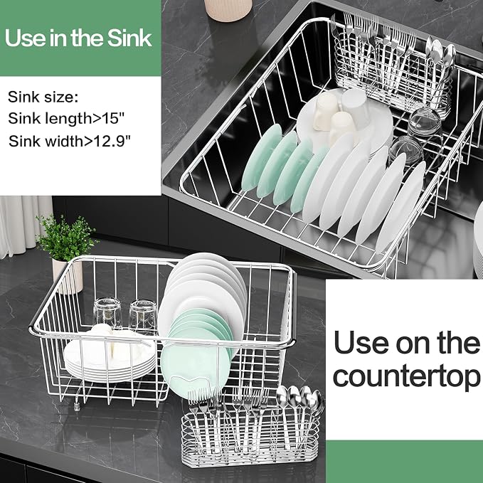 Fanbsy Large Dish Drainer Rack in Sink Adjustable, Expandable 304 Stainless Steel Metal Dish Drying Rack Organizer with Stainless Steel Utensil Holder Over Inside Sink Counter, Rustproof - Image 5