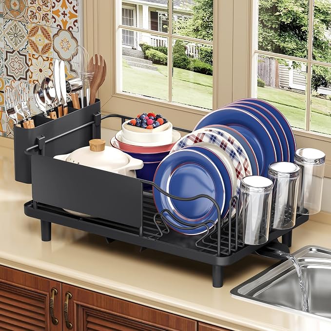 KINGRACK Dish Drying Rack for Kitchen Counter, Dish Drainer with Cup Holder | 16.9"L x 12.4" W Dish Rack with Spacious Drying Capacity, Quick Auto Dish Drainer for Plate Dish Dinnerware, Black by KINGRACK