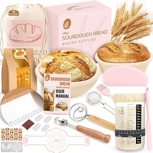 Sourdough Starter Kit Complete Set with Tools, Proofing Baskets, Jars | Pink, 9" Round & 10" Oval Baskets, Sourdough Bread Baking Supplies, Sour dough Beginner Kit Gifts for Bakers Women Wife Mom by Unknown