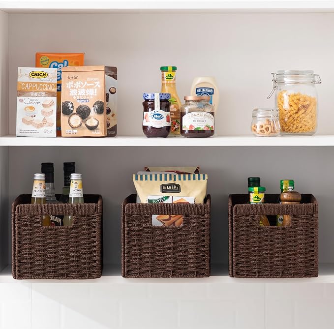 joybest Wicker Storage Baskets, 2pack Hand-Woven Paper Rope Wicker Baskets for Organizing, Foldable Rectangular Storage Organizer Bins for Shelves with Built-in Handles 13.4L x 8.3W x 7.1H, Dark Brown - Image 5