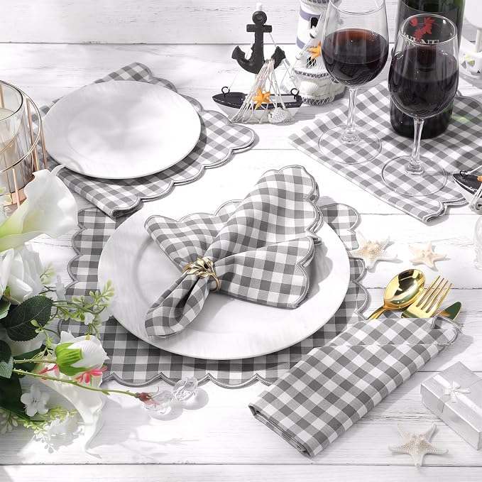 SmoothNovelty 12 Pack Buffalo Plaid Cloth Napkins 18x18 Inch Checkered Cloth Napkins Scalloped Soft Cotton Table Mat Washable Reusable for Dinner Wedding Holiday Birthday Parties (Classic,Gray) - Image 4