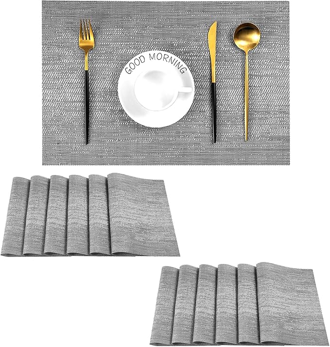 Leetaltree Grey Placemats, Heat Resistant Non-Slip Place mats for Dining Table, Washable Durable PVC Vinyl Woven Table Mats (Set of 12) by Leetaltree-ArtatEveryTable