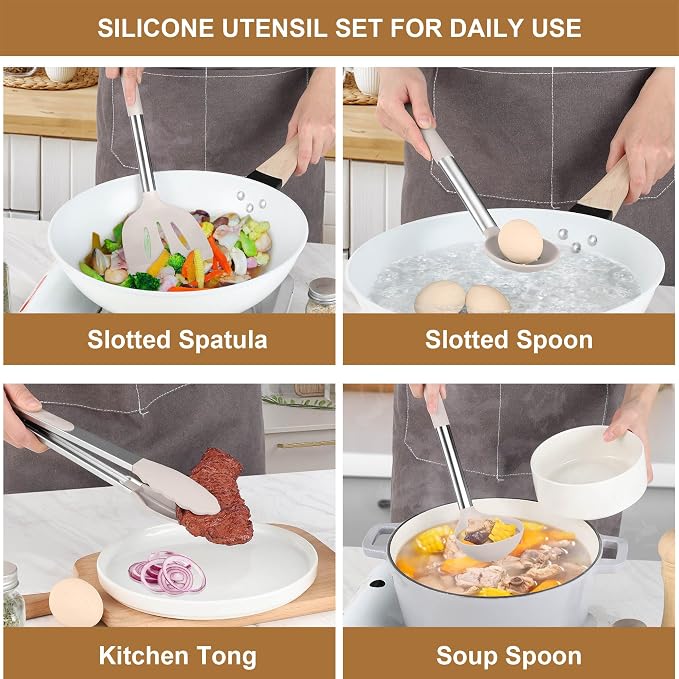 LIANYU 15 Pcs Cooking Utensils Set, Silicone Kitchen Tools with Holder | Heat Resistant, Kitchen Gadgets with Stainless Steel Handle, Brush Spatula Spoon Whisk for Cookware, Dishwasher Safe, Khaki - Image 5