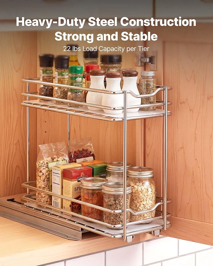 VEVOR Pull Out Spice Rack Organizer for Cabinet, 2 Tier Slide Out Spice Rack Organizer, Heavy Duty Metal Seasoning Kitchen Basket for Inside Cabinets & Pantry Closet, 4.33"W x 8.46"D x 10.43"H, Silver - Image 4