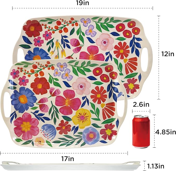 TP Melamine Serving Trays with Handles, 17” x 12”, Set of 2, Floral | Rectangular Trays, Serving platters for Food and Meat, Party Serving, Lightweight, Break-resistant - Image 2