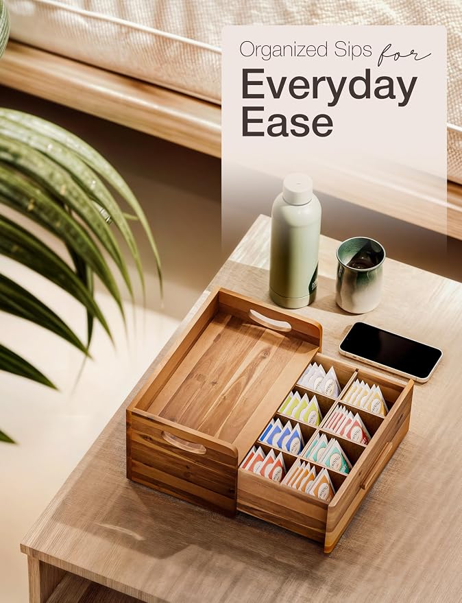 Tinamo Acacia Wooden Tea Box Organizer with Drawer – Tea Chest for Tea Bags Storage – Tea and Coffee Organizer - Wooden Tea Tray and Containers for Countertop Display (Acacia) | Solid Acacia Wood, No assembly, Holds up to 100 tea bags, Non-slip, Smooth... - Image 5